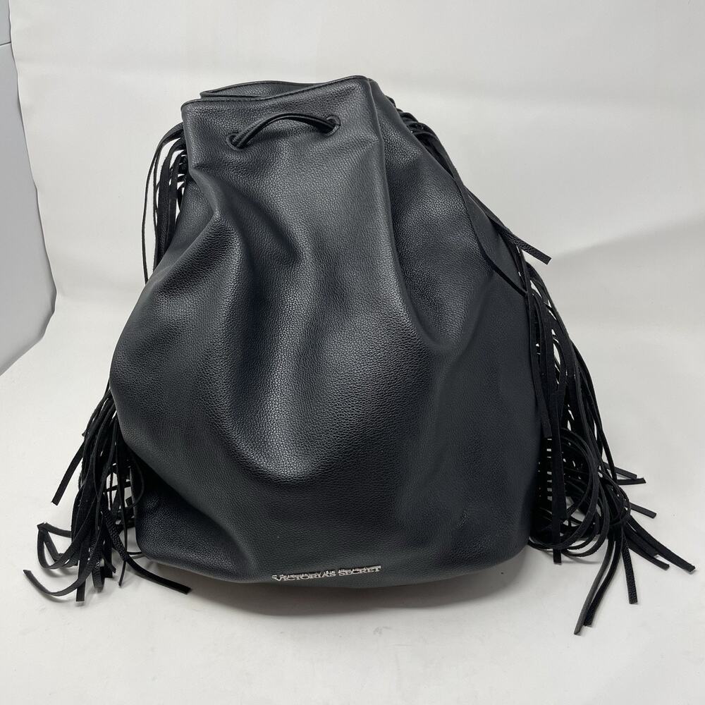 Victorias Secret VS Black Faux Leather Fringe Backpack Bag Boho Drawstring